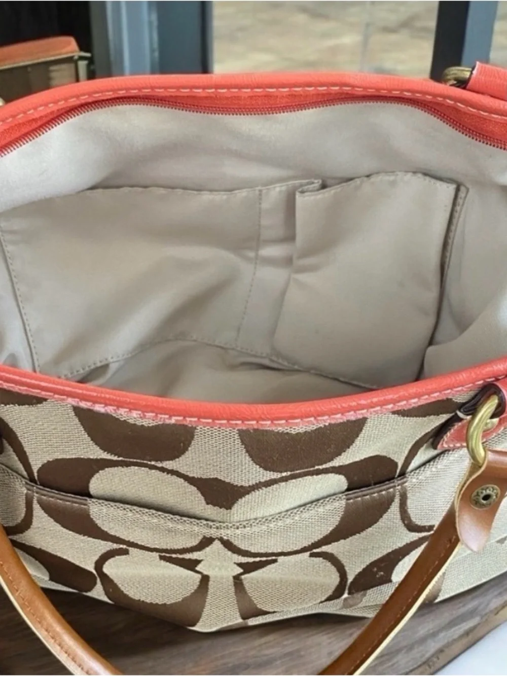 🔥SOLD🔥 Coach Brown Signature Canvas Satchel with Coral Trim - Picture 2 of 10